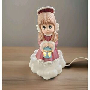 Vtg Lighted Hand Painted Christmas Angel  Figurine 8 1/2 Inches W Large Eyes